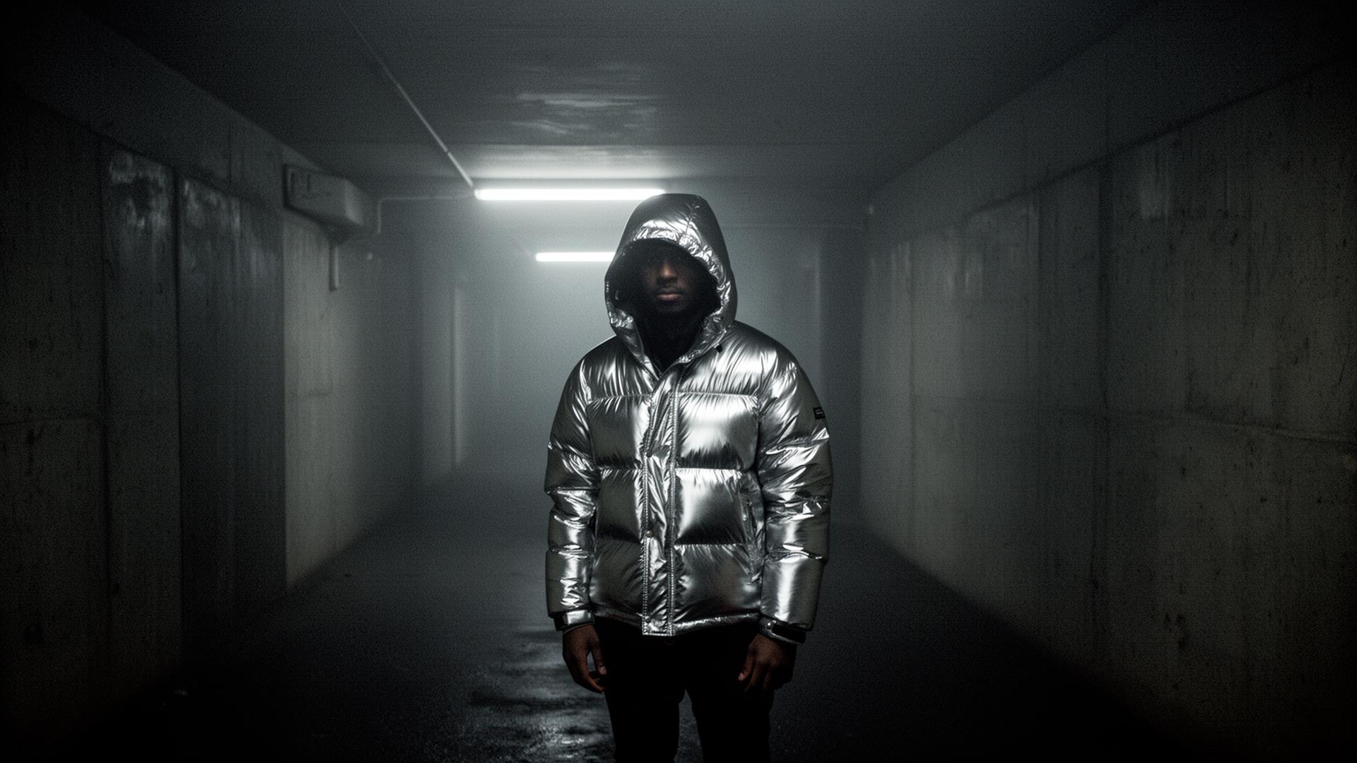 Chrome puffer jacket in brutalist hallway